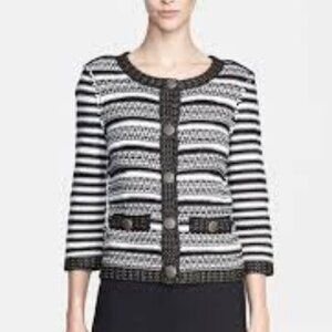 St. John Knits Striped Cardigan Bright White/Black/Gold Multi Silk Blend Sz 12‎